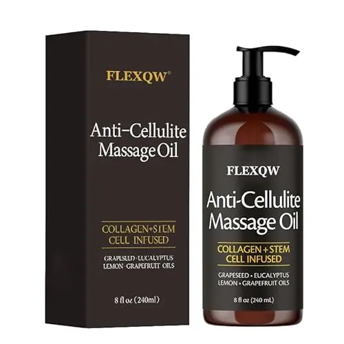 FLEXQW Anti-Cellulite Massage Oil bottle with vanilla scent