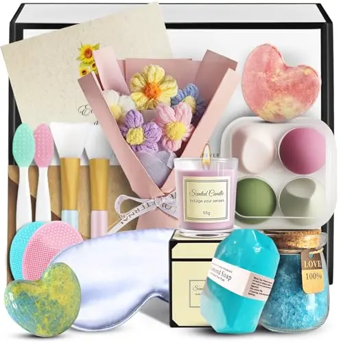 KCNVLCK spa gift box containing silicone face scrubbers, makeup sponges, bath bombs, a candle, and a silk eye mask.