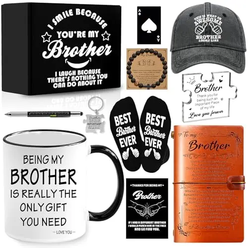 Gift box containing 11 brother-themed items including mug, cap, socks, and plaque